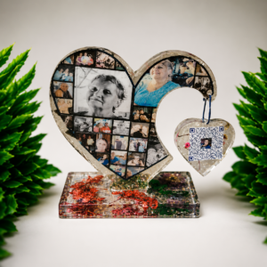 Personalized heart on a stand with photos and QR code.  Words can also be added should you like