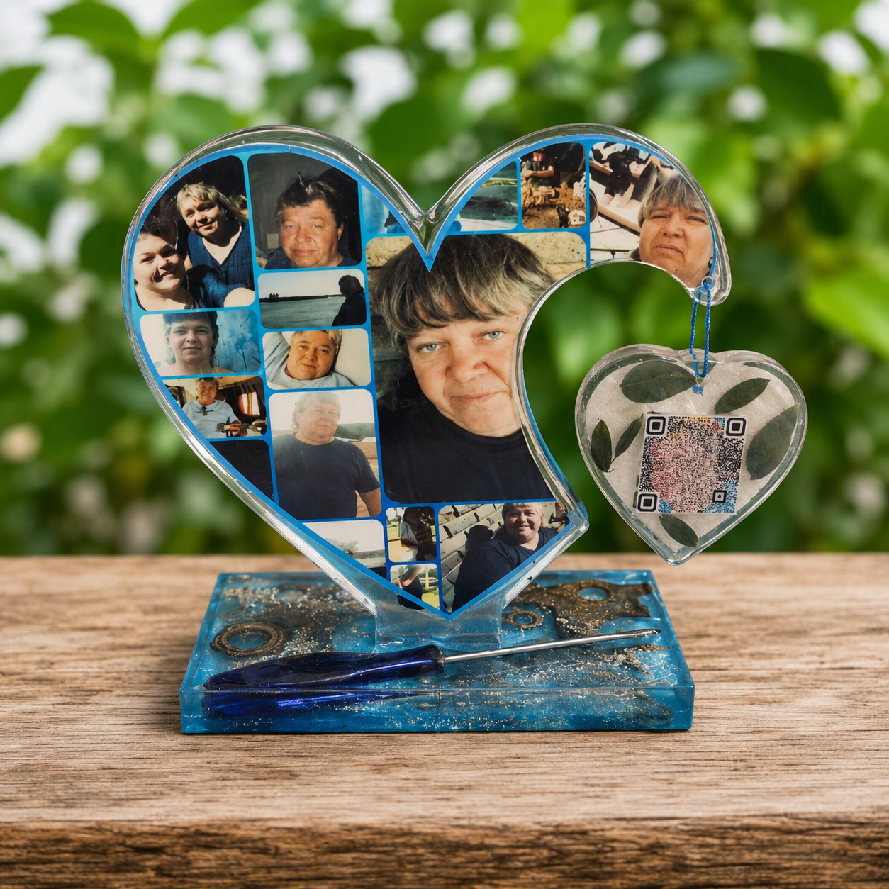 Personalized heart on a stand with photos small personal items (including but not limited to ashes and hair) and QR code. Words can also be added should you like